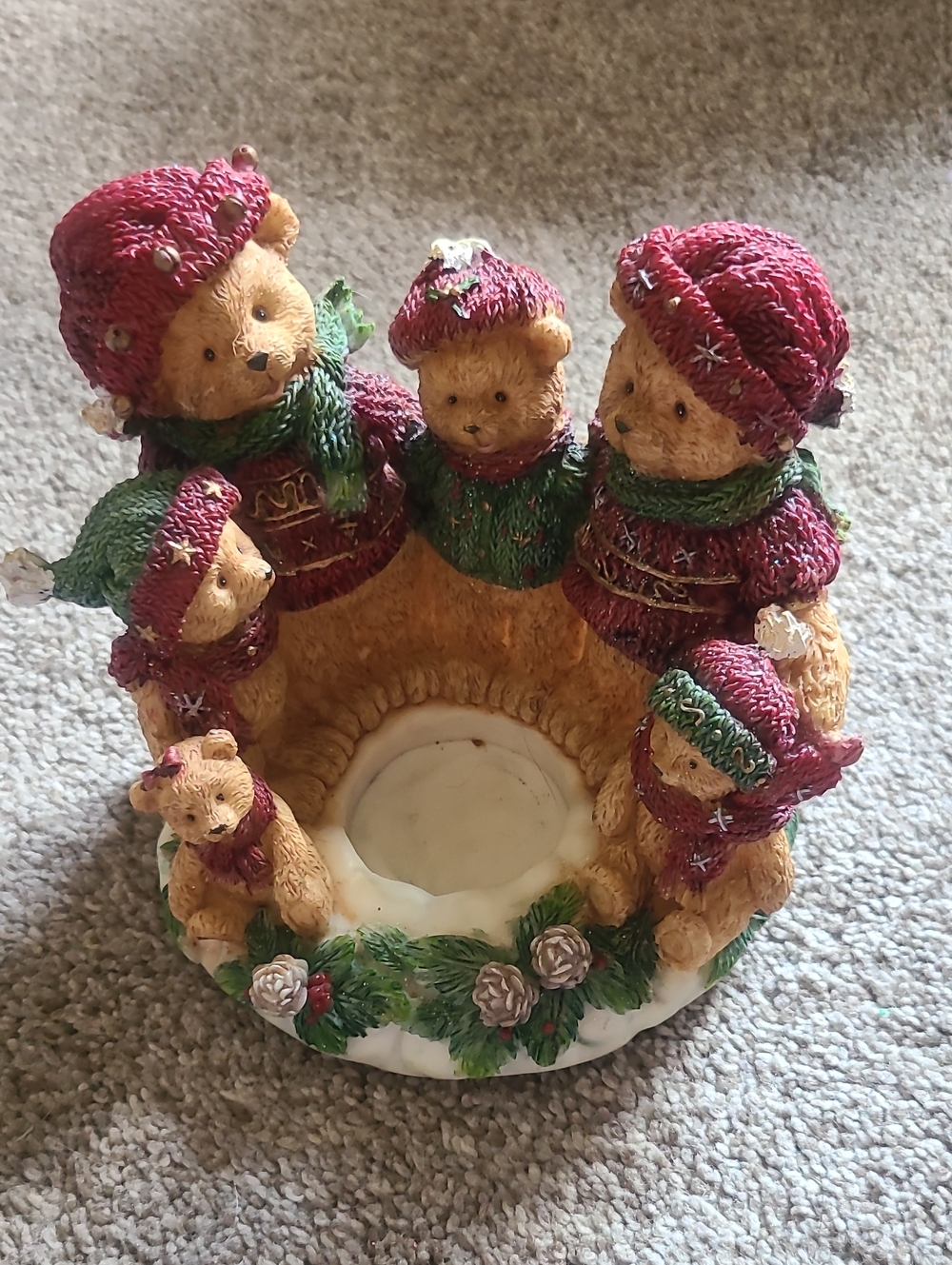 Home Interiors Bear Family Candle Holder - White, Green, Red